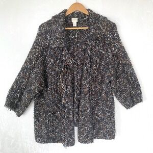 Chicos Cardigan Sweater Size 3‎ Chunky Knit Open Front Fringe